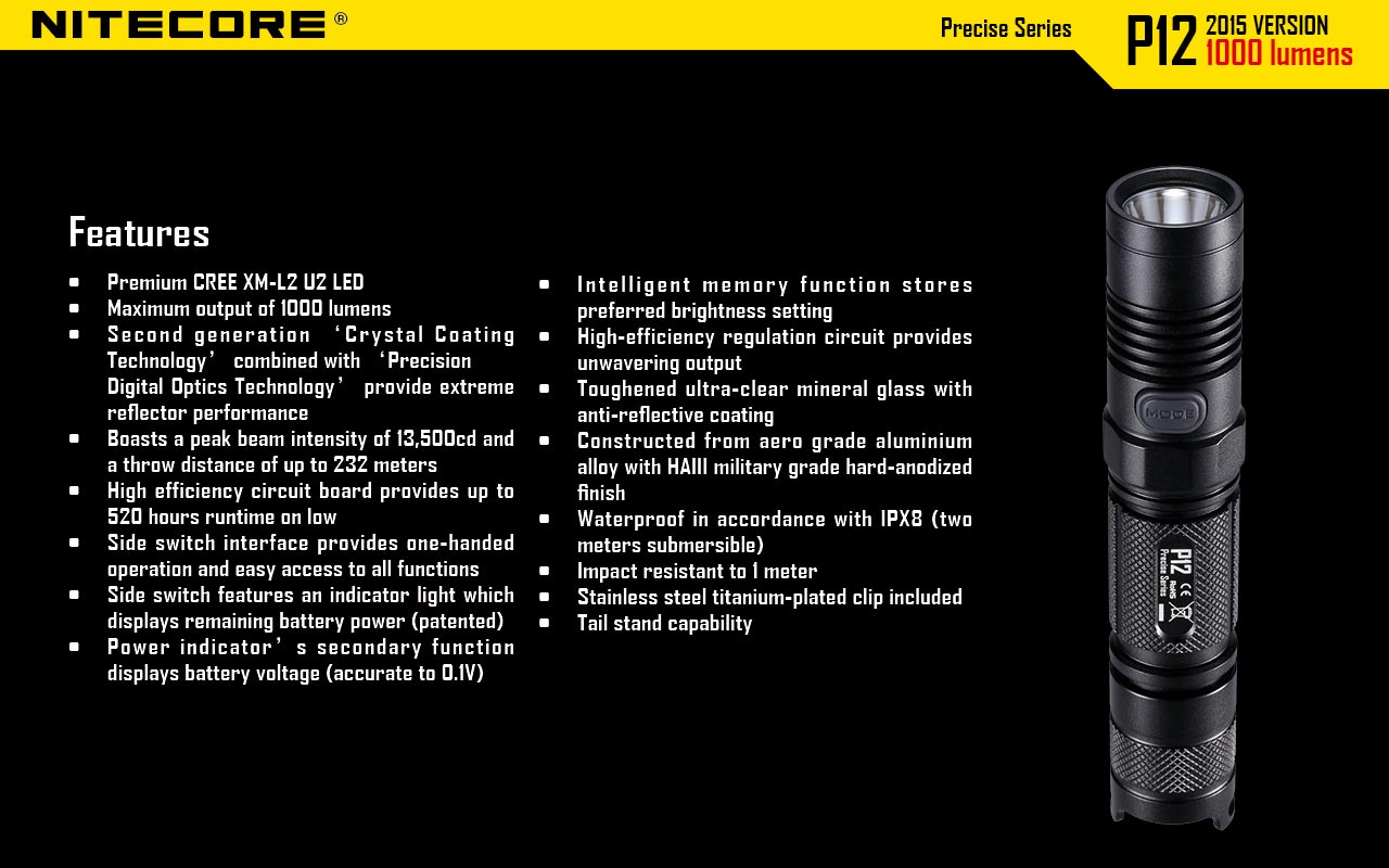 NITECORE P12 linterna táctica de precisión LED CREE XM-L2 U2 lImpermeable  de 1,000 lúmenes.