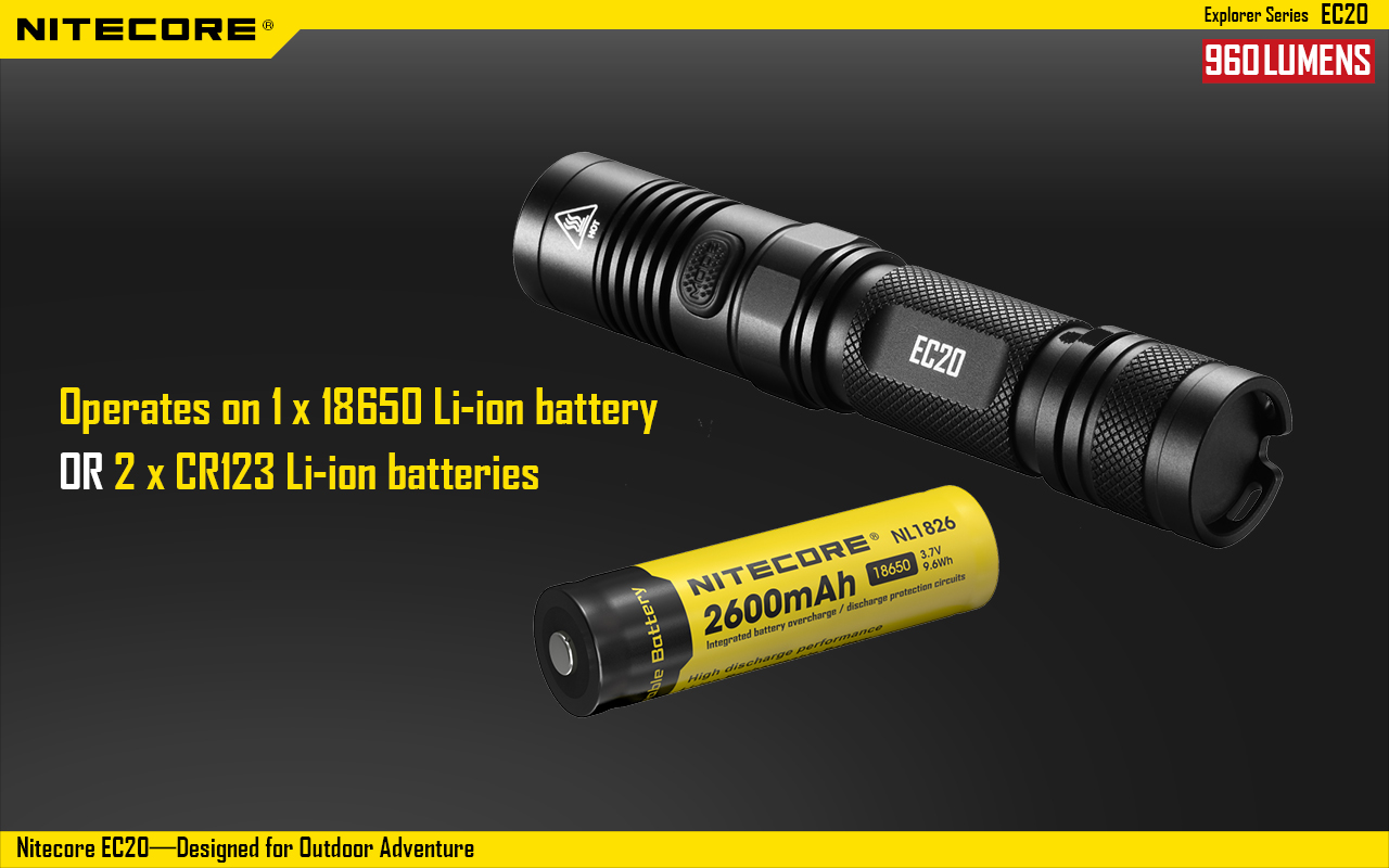 Nitecore EC20 960 Lumens CREE XM-L2 T6 LED Brightness New Flashlight Using 1×18650 Li-ion Battery or 2 ×CR123 Li-ion Batteries Compatible with NFR25 NFD25 NTW25 Waterproof in Accordance with IPX-8 NDF25 NFG25,NFB25 Black