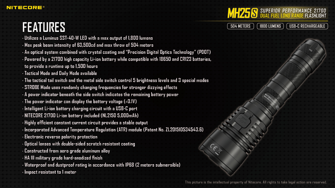 Quieres comprar la linterna NiteCore MH25S táctica y recargable- 1800  lumen-Negra?