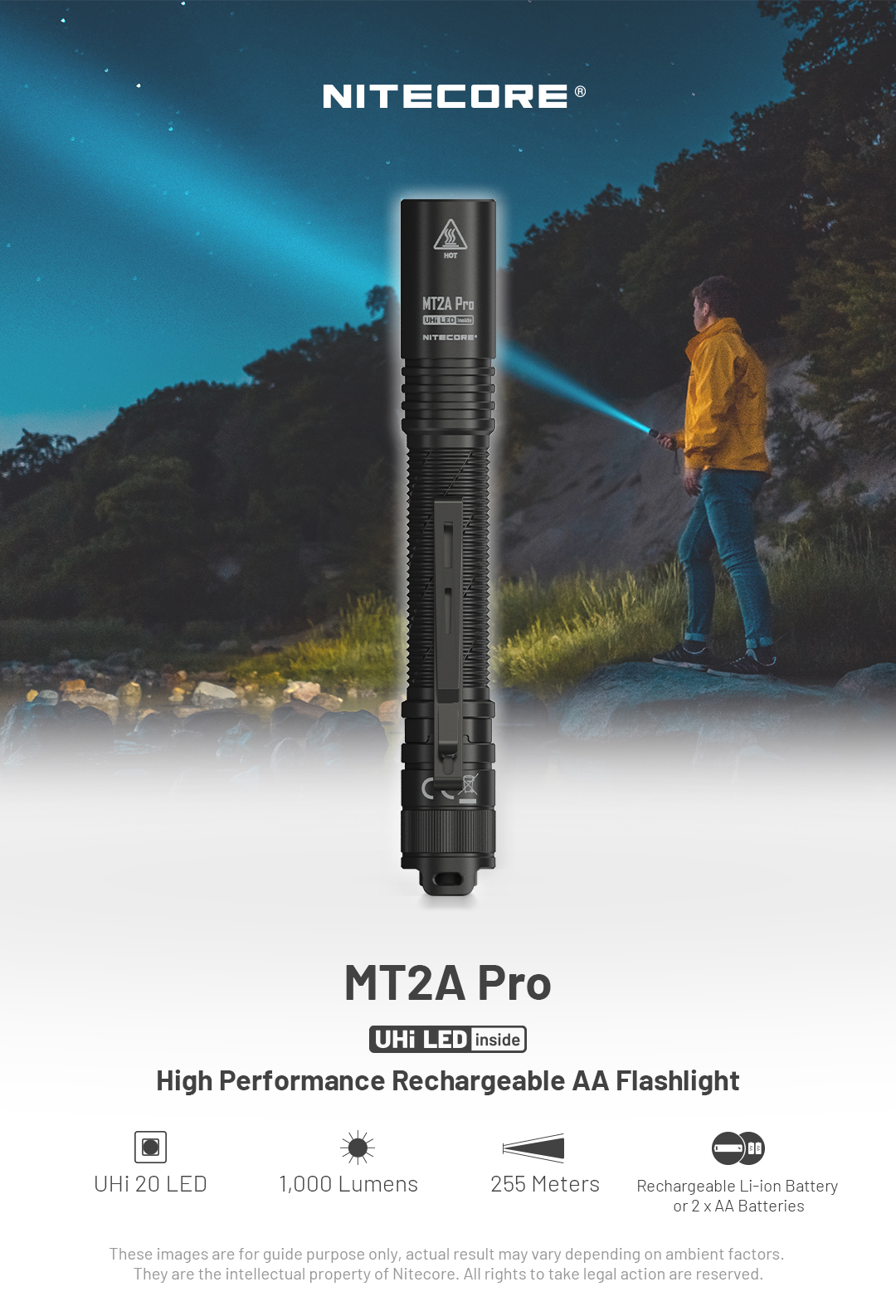 Nitecore, MT2A, linterna de luces ledes de 345 lúmenes con funda premium  incluida, usa dos baterías AA